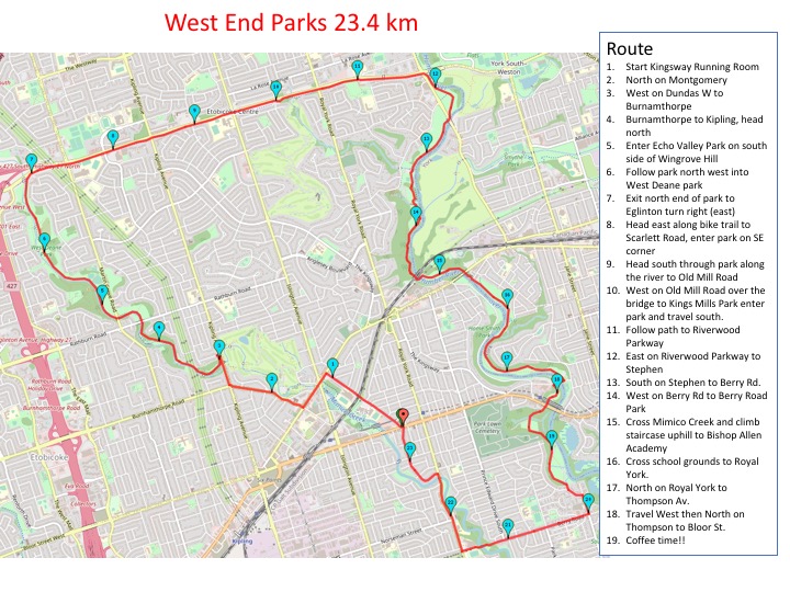 West End Parks 23.4 km route map